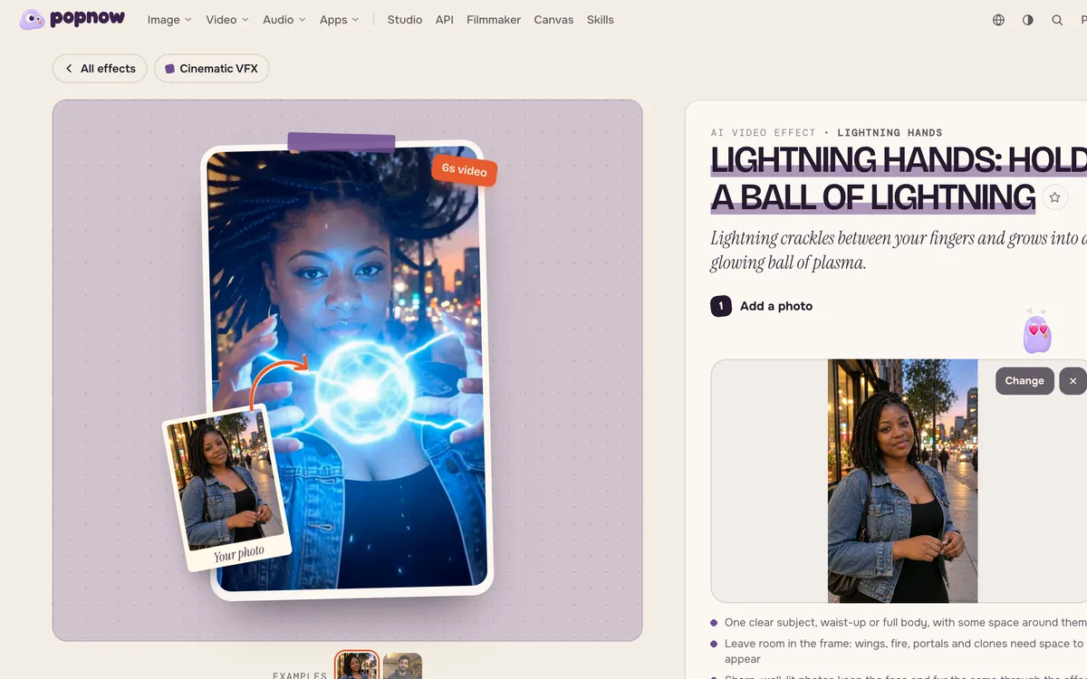Die Seite Lightning Hands mit hinzugefügtem Foto einer Frau in Jeansjacke, bereit zur Generierung