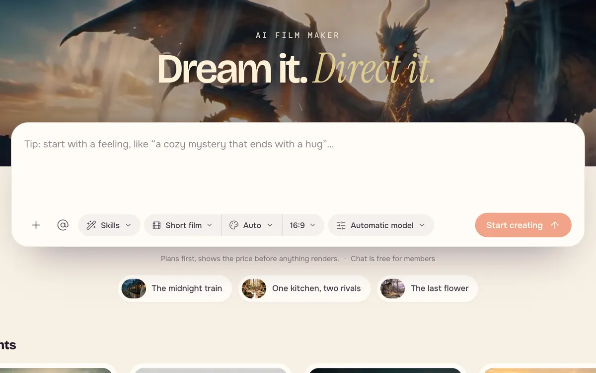 The Filmmaker home with the Film agent selected and an empty idea box under the heading Dream it. Direct it.