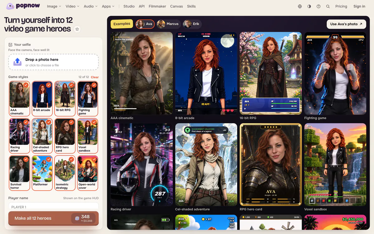 The Game Avatar page with the selfie slot, 12 game styles and an example wall of game heroes