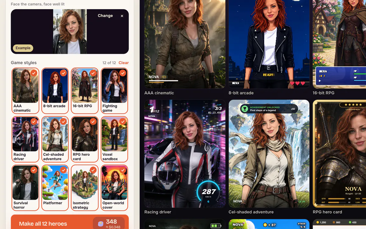 The 12 game styles selected and example heroes showing the player name NOVA on their game screens