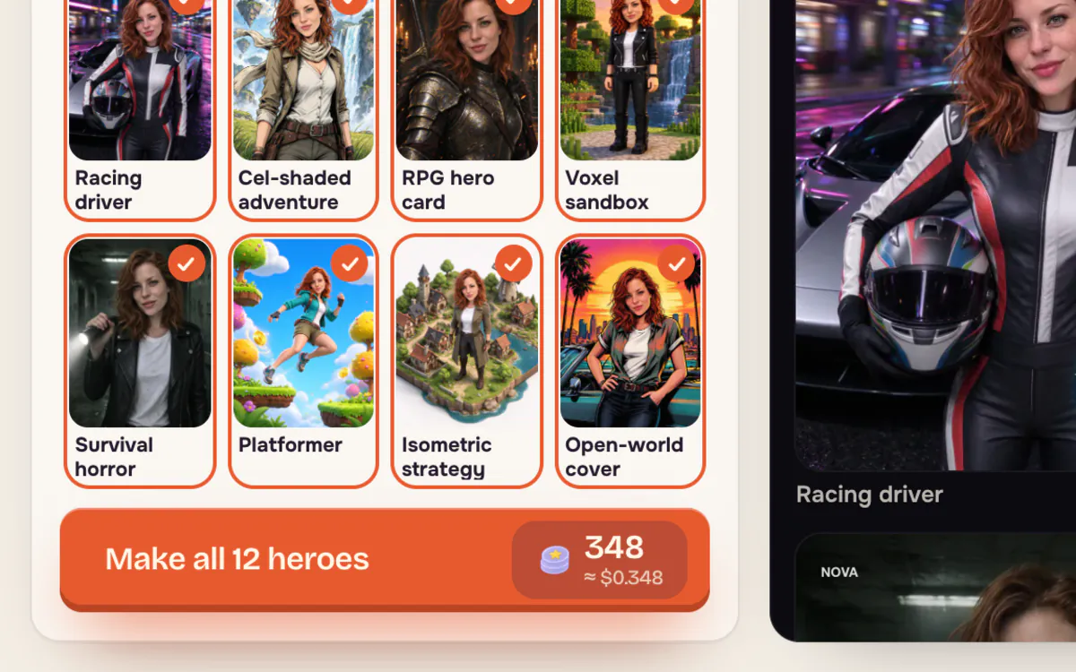 The Make all 12 heroes button with its credit price under the selected styles