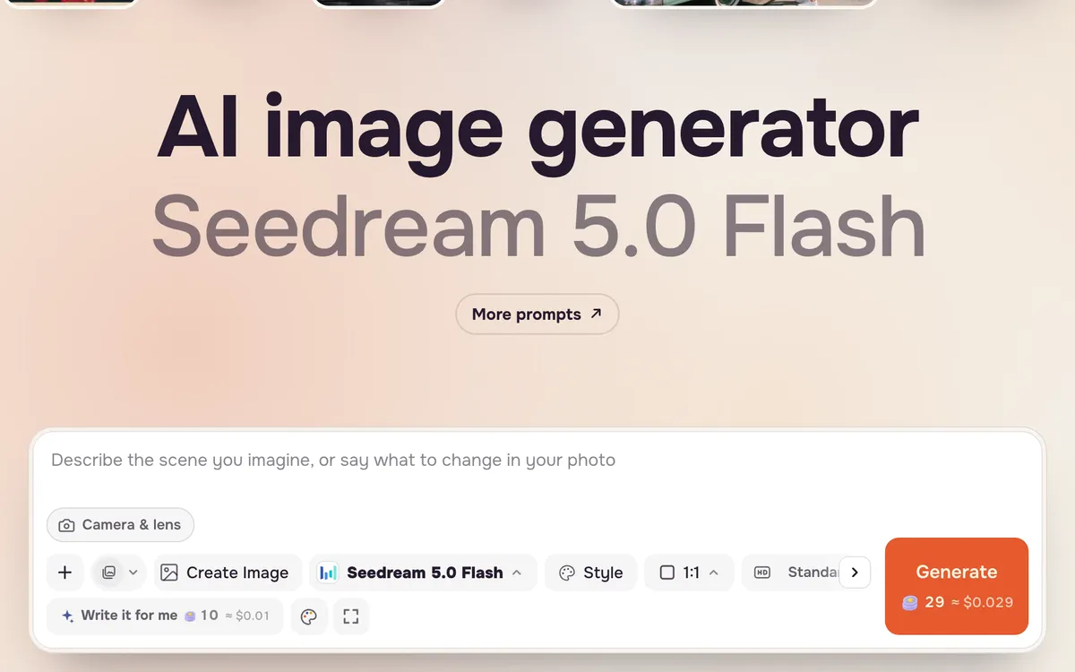 The Create image prompt bar, empty, with the default model and Generate button