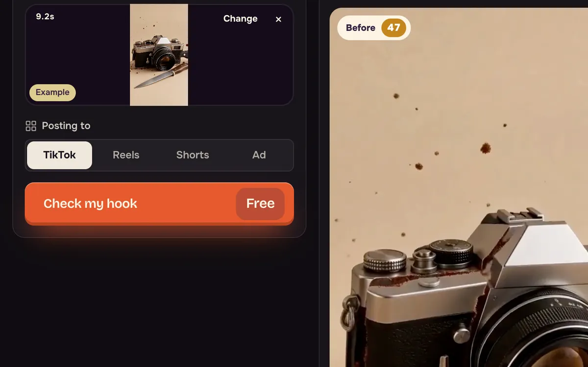 Hook Checker with the video slot, the TikTok, Reels, Shorts and Ad options and before and after examples