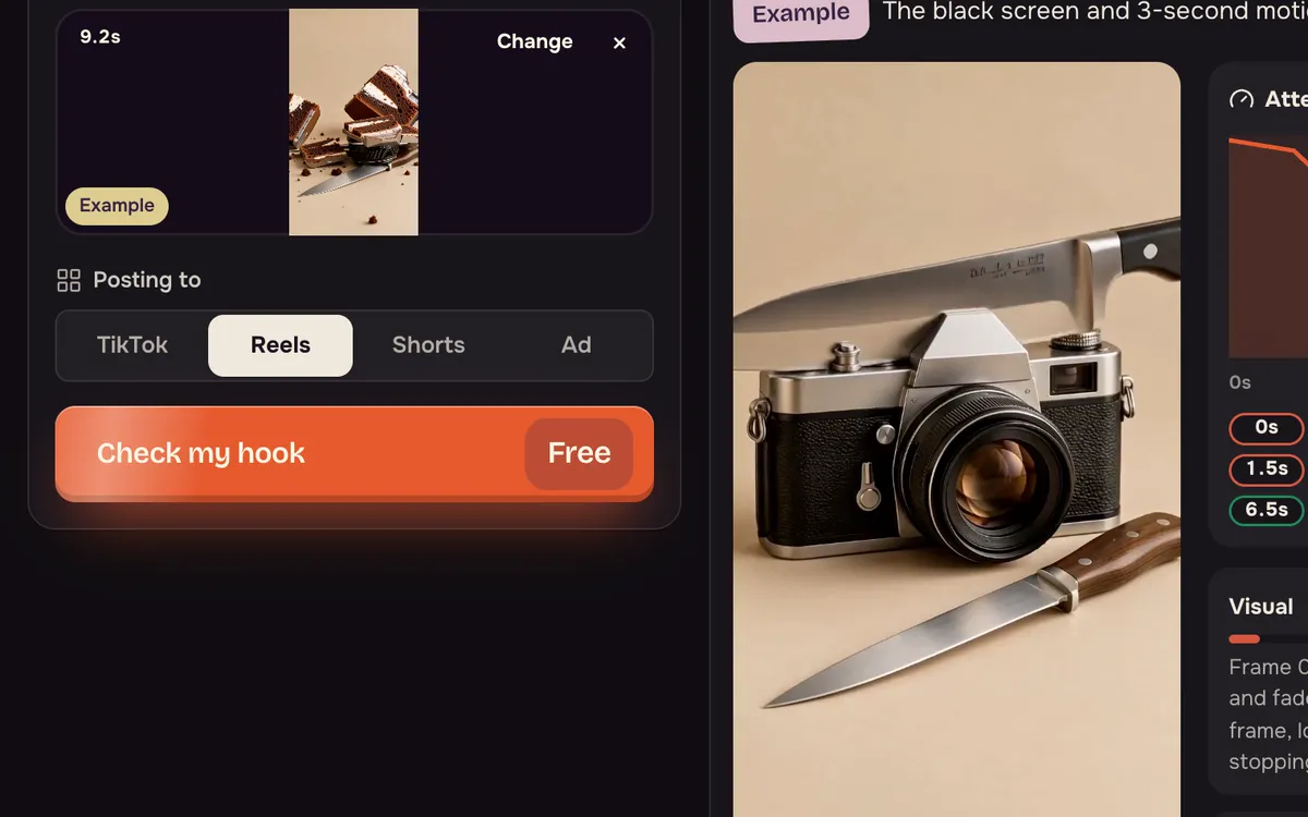 Reels selected as the platform and the Check my hook button marked Free