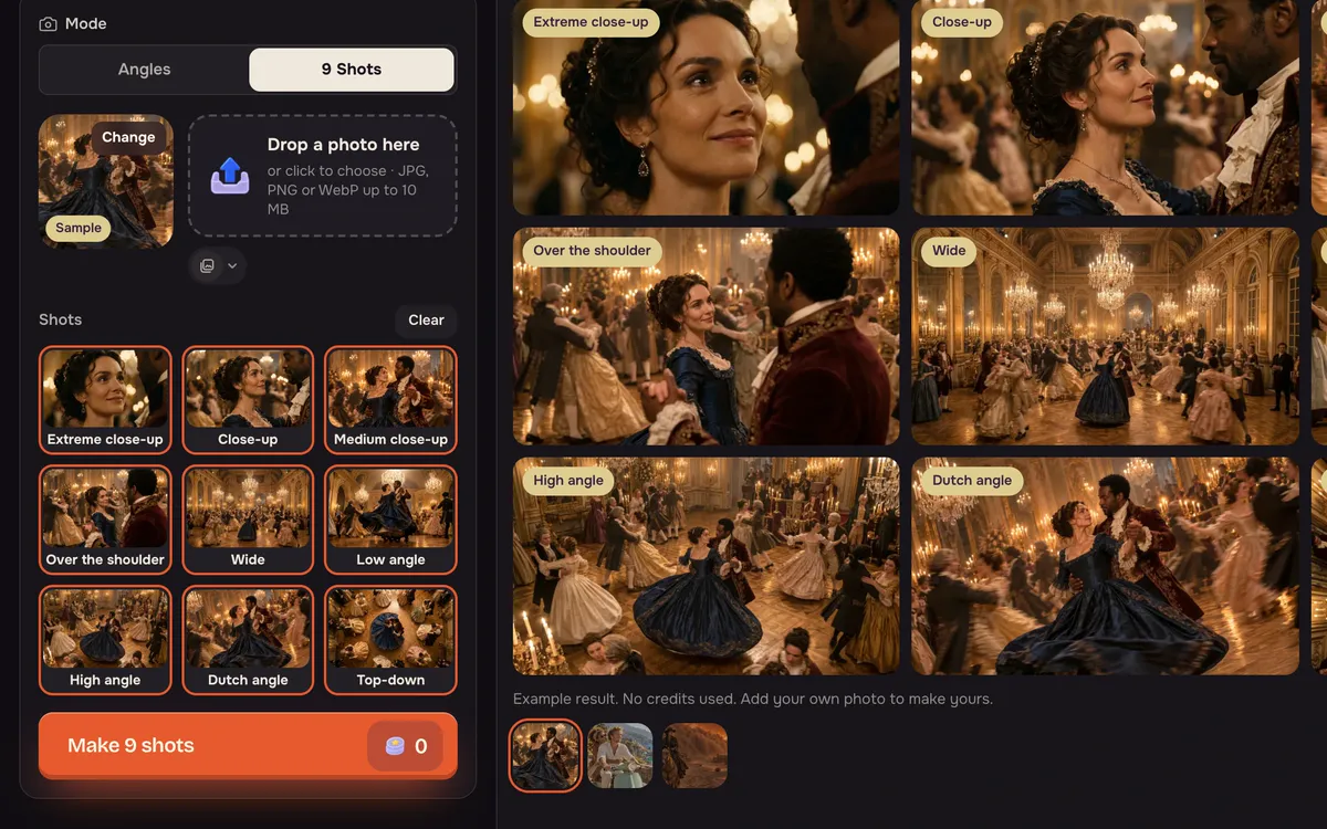 The 9 Shots mode with the nine shot types listed and the Make 9 shots button