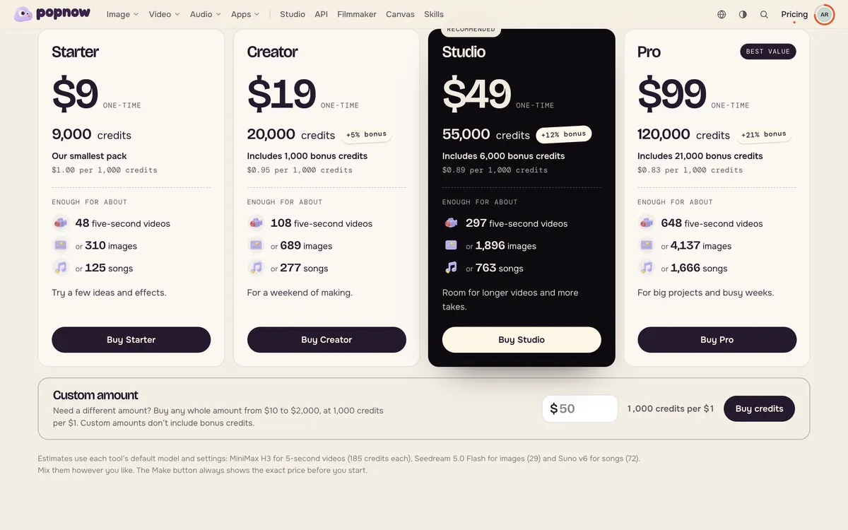 Les quatre packs de $9 à $99 avec leurs bonus et le nombre de vidéos de cinq secondes réalisables