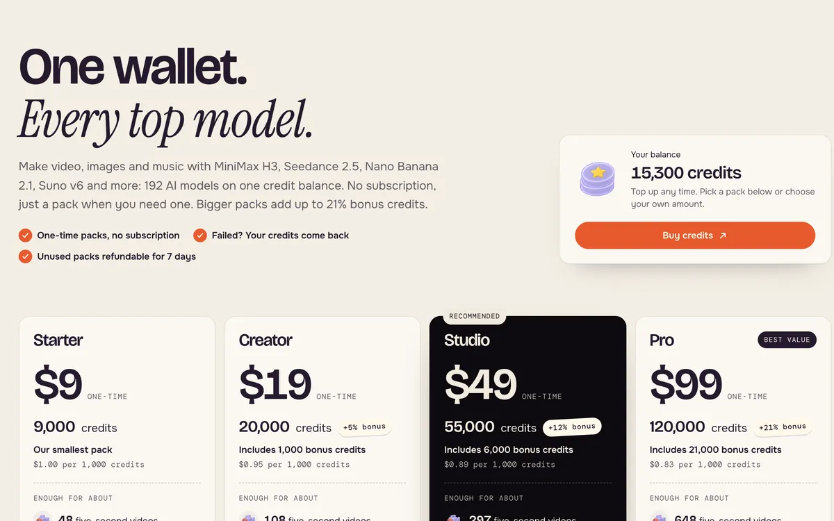 The PopNow pricing page showing one-time credit packs from $9 to $99 and the current credit balance