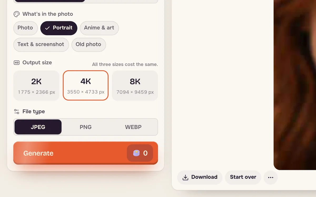 4K als Ausgabegröße mit JPEG, PNG, WEBP und Erstellen