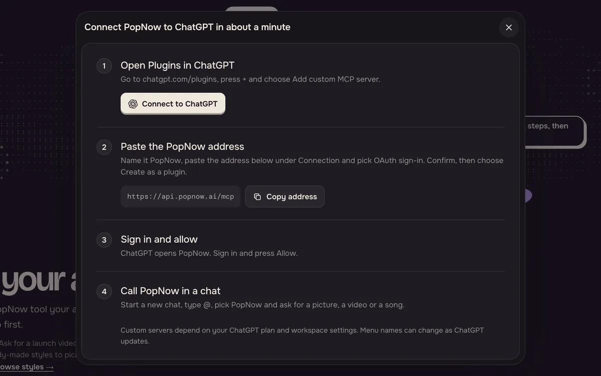 Die Schritte unter „So verbindest du es“ für ChatGPT auf der Seite PopNow in ChatGPT & Claude