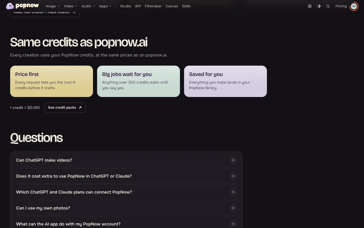Die Preishinweise auf der Seite PopNow in ChatGPT & Claude: erst der Preis, große Aufträge warten auf dich, Speicherung in der Mediathek