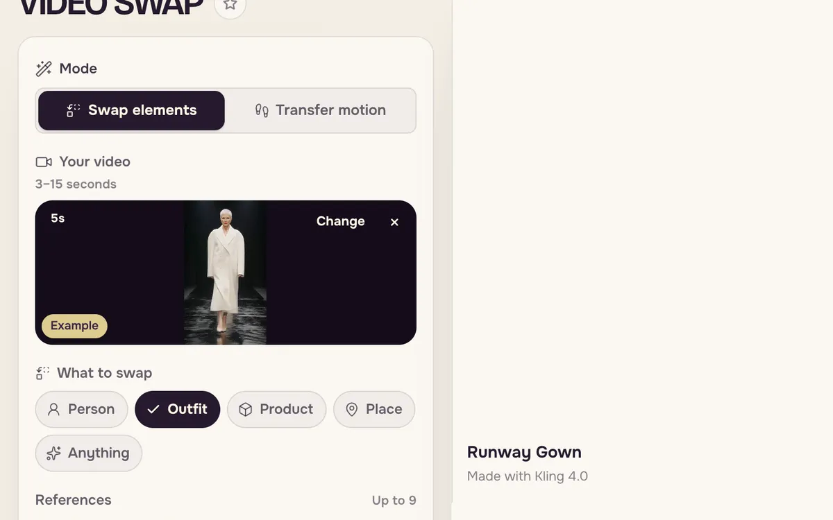 The Video Swap page with the mode switch, the current video, what to swap options and the motion library