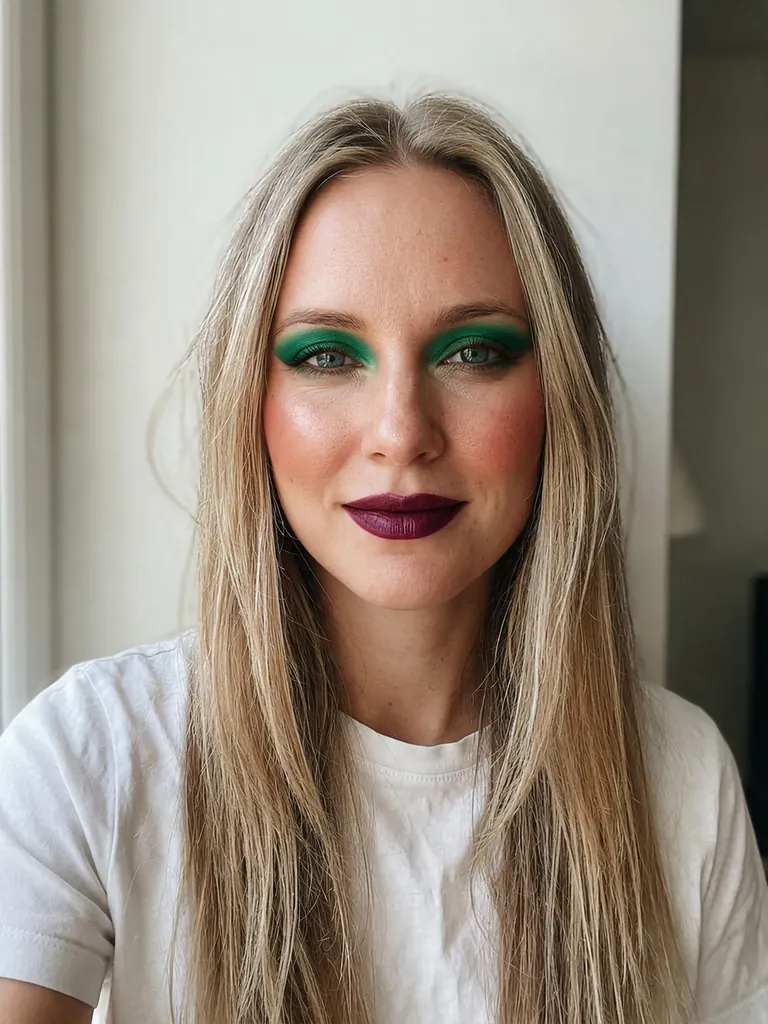 Soft glam · berry lip, emerald eyes, full