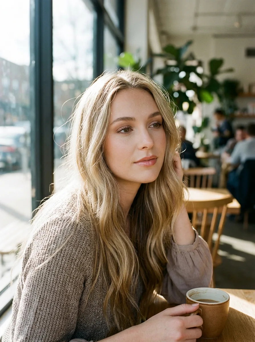 AI Realism Enhancer — Cafe portrait · Strong (Before)