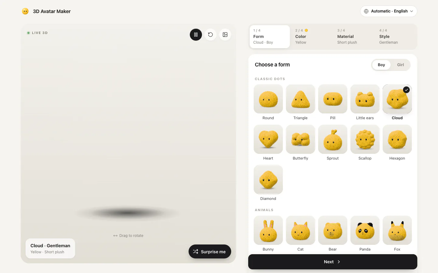 3D Avatar Maker: first screen