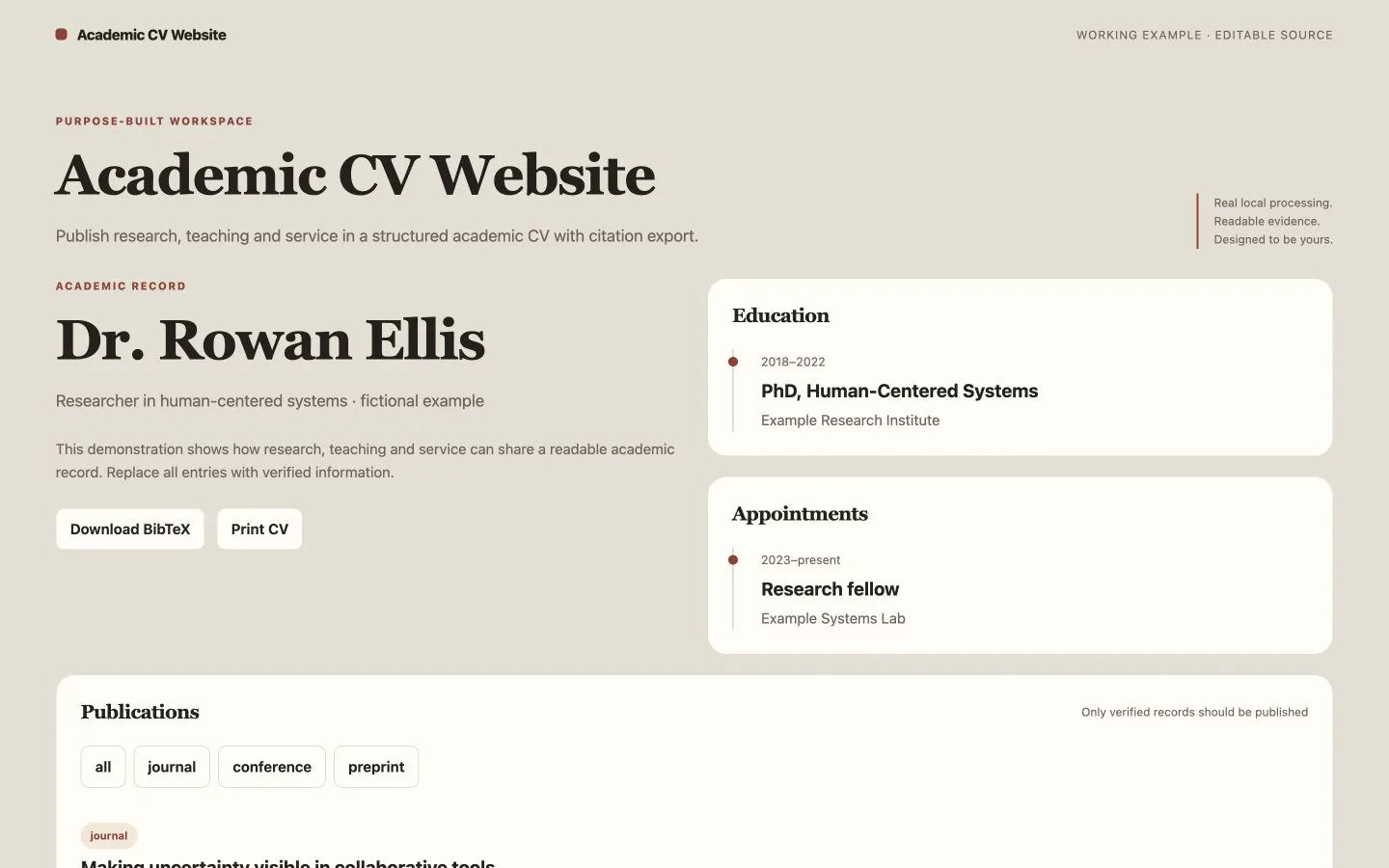 An academic CV with publications, teaching and BibTeX export — working example