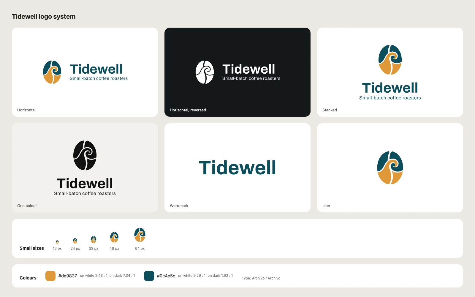 AI Logo Generator: Tidewell coffee logo system with horizontal, reversed, stacked, one-colour, wordmark and icon versions, favicon sizes and palette contrast