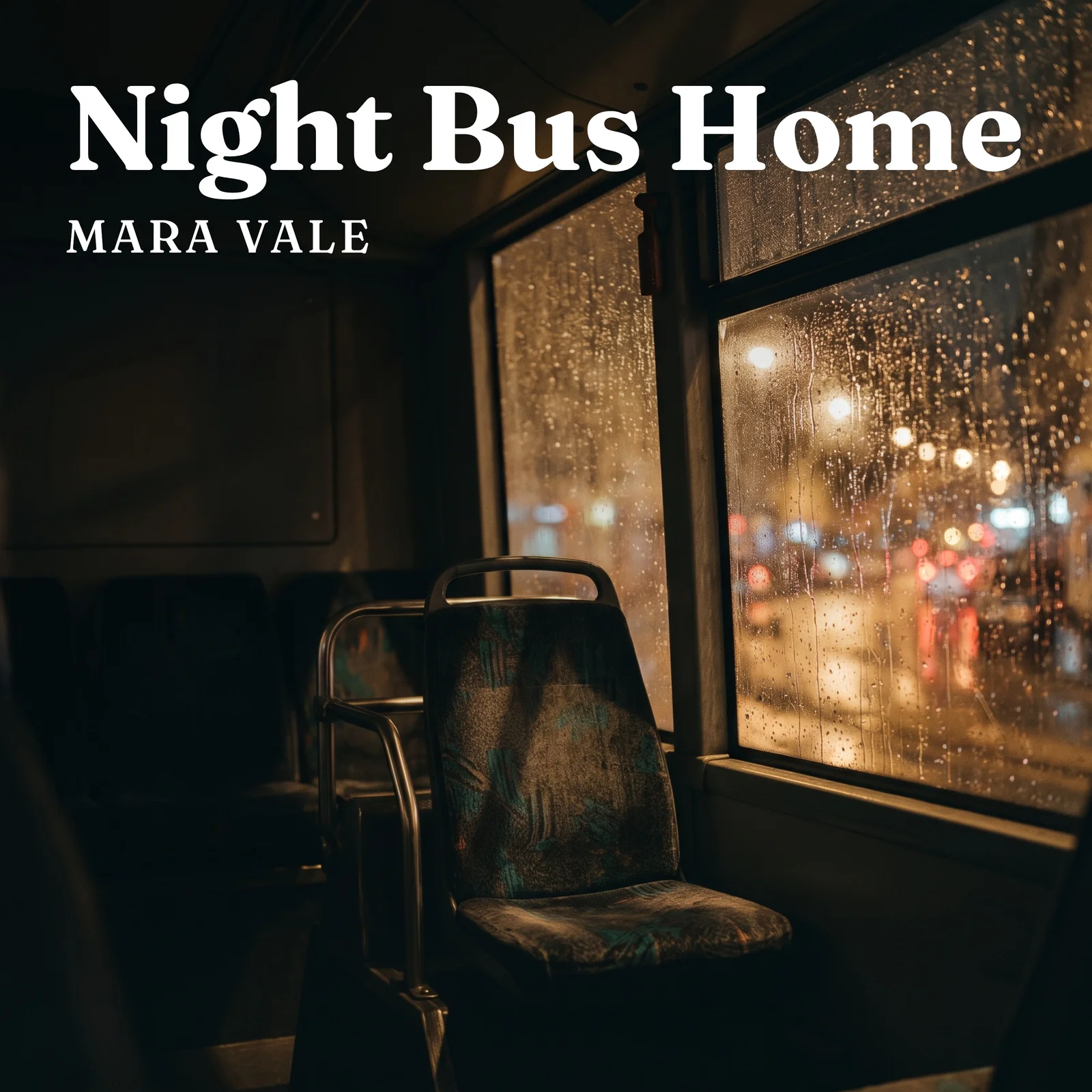 Album cover reading Night Bus Home, Mara Vale in a serif face over a photo of an empty bus seat beside a rainy window with amber city bokeh