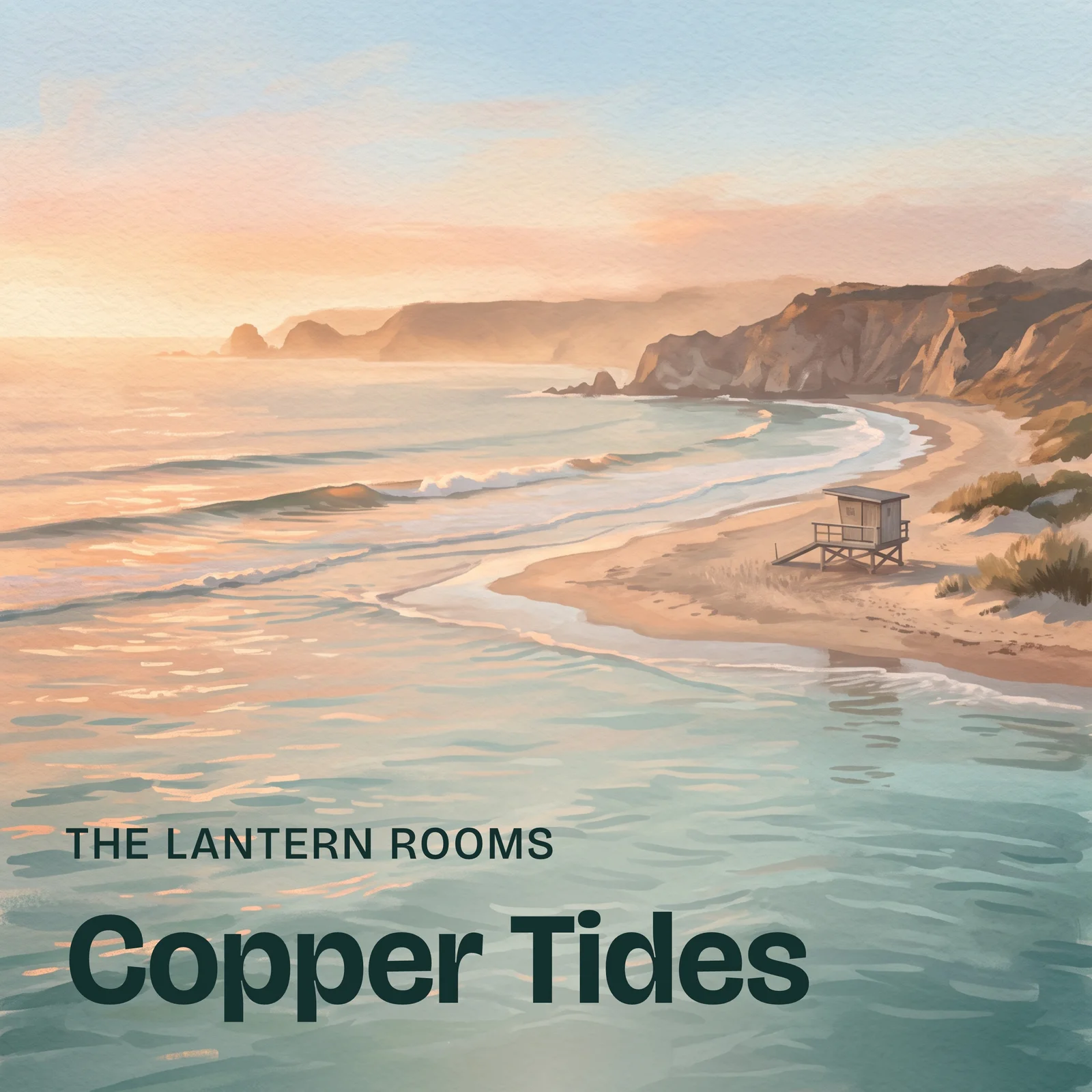Album cover reading The Lantern Rooms, Copper Tides over a painted golden-hour cove with a small lifeguard hut