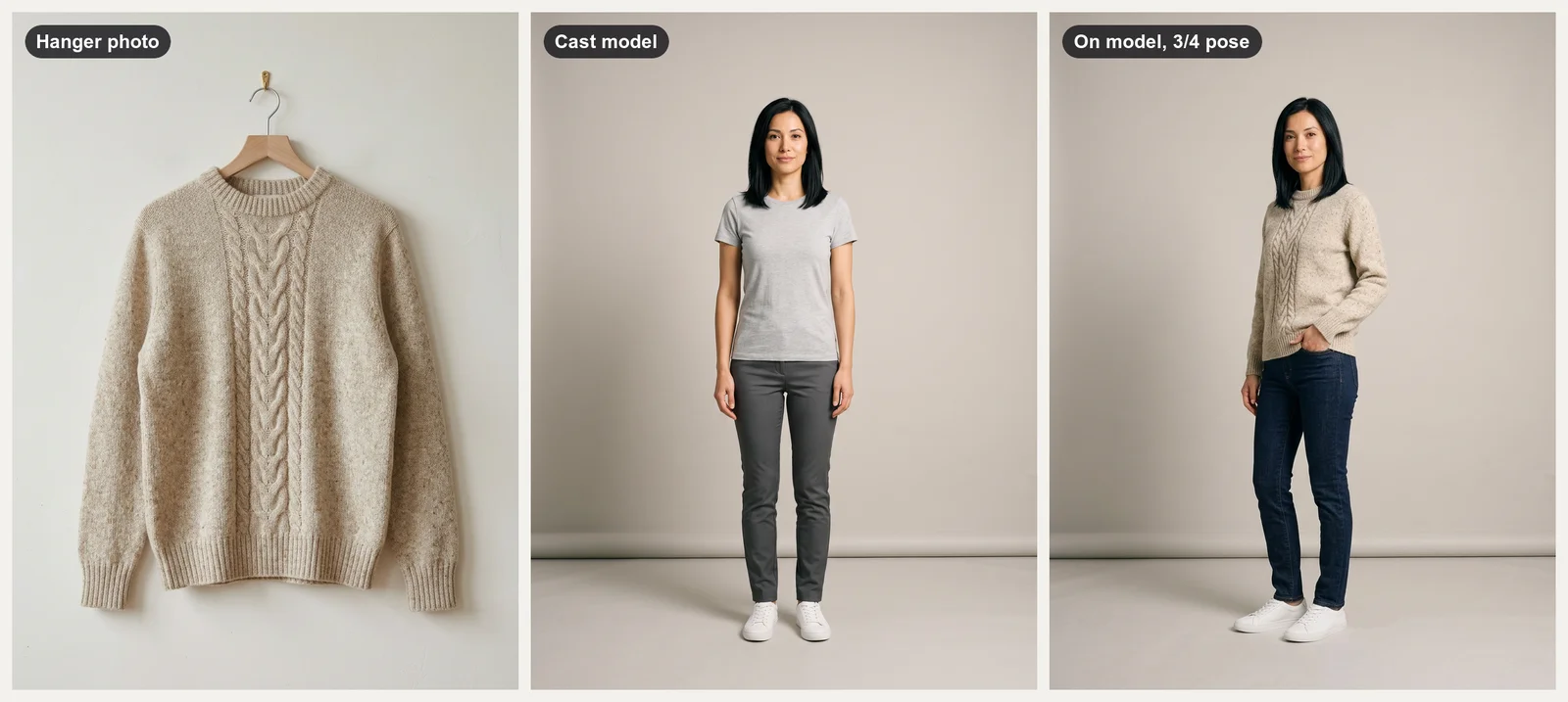 Oatmeal cable-knit sweater on a wooden hanger, a fictional AI-generated model in a plain grey T-shirt, and the same model wearing that sweater with dark jeans in a three-quarter pose