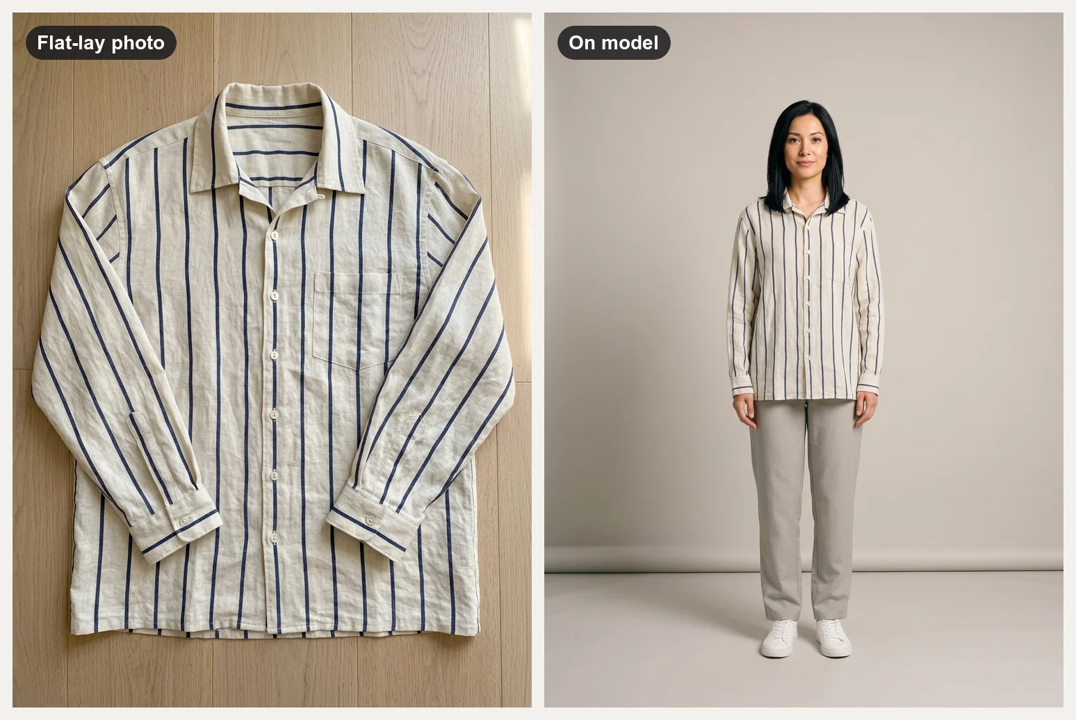 Flat-lay of a cream linen shirt with navy stripes and one chest pocket, and the fictional model wearing it untucked over stone trousers