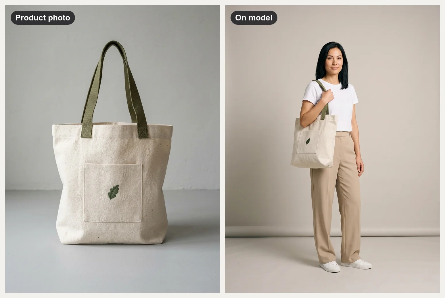 Canvas tote with olive handles and an embroidered leaf, and the fictional model carrying it on her right shoulder with a white T-shirt and beige trousers