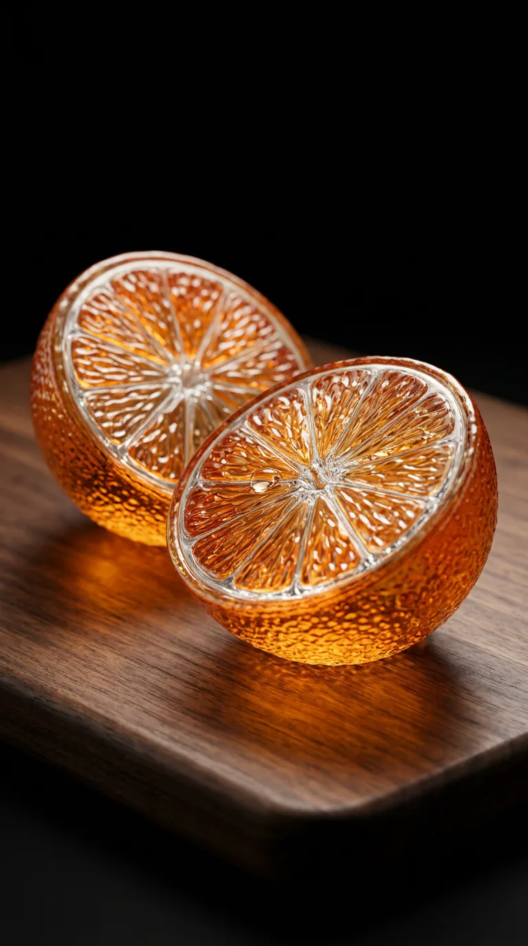 ASMR Satisfying Video Maker: Keyframe: glass orange halves on a walnut board