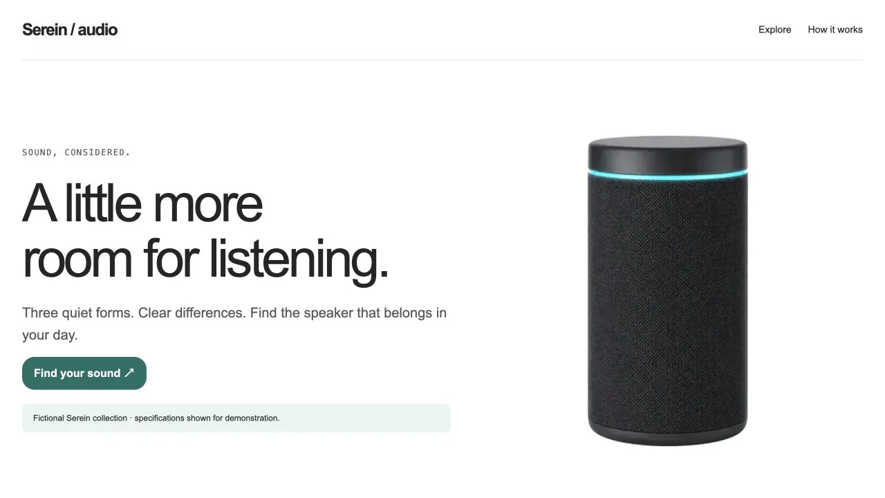 Audio Product Website: first screen of the included example