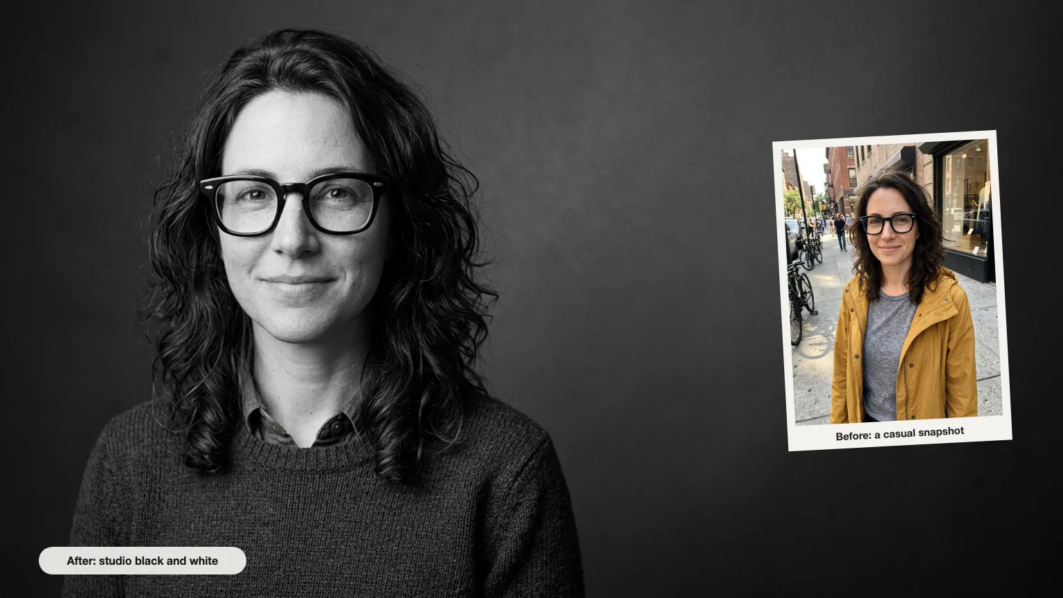 Before and after: a casual color street snapshot of the same fictional woman next to her black-and-white studio portrait