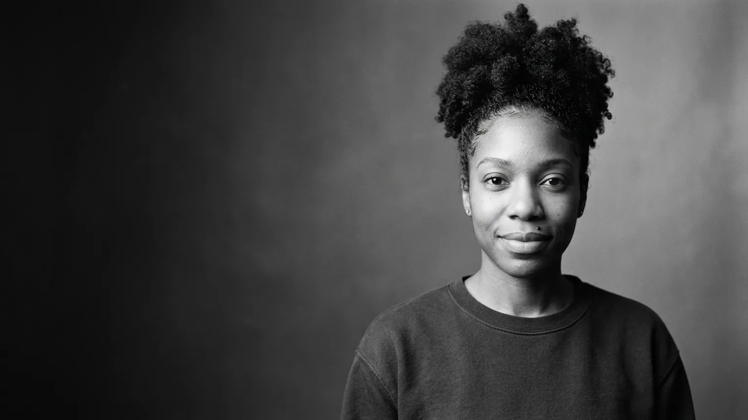 Black-and-white studio portrait of a fictional young woman with a high curly puff, placed on the right third with quiet space on the left