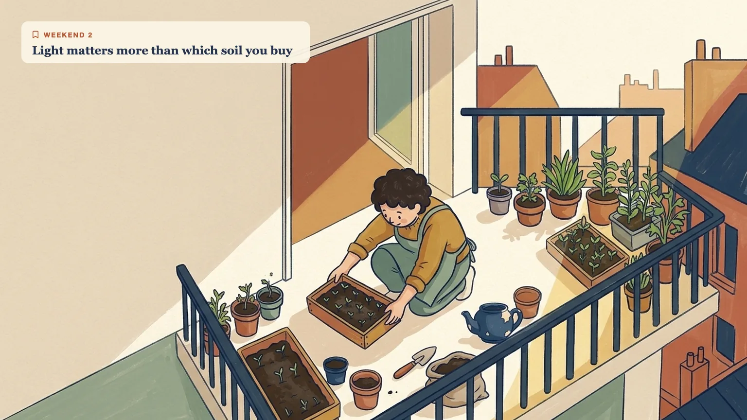 High-angle gouache illustration of the same gardener moving seedlings into a diagonal band of morning sun on the balcony