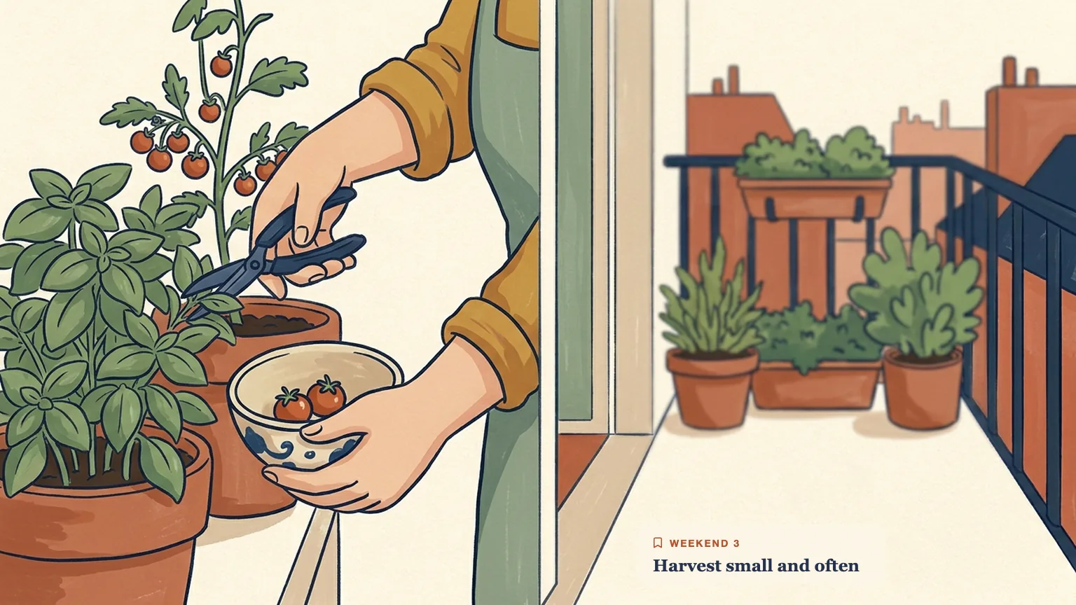 Close-up gouache illustration of hands snipping basil and cherry tomatoes into a small bowl, captioned Harvest small and often