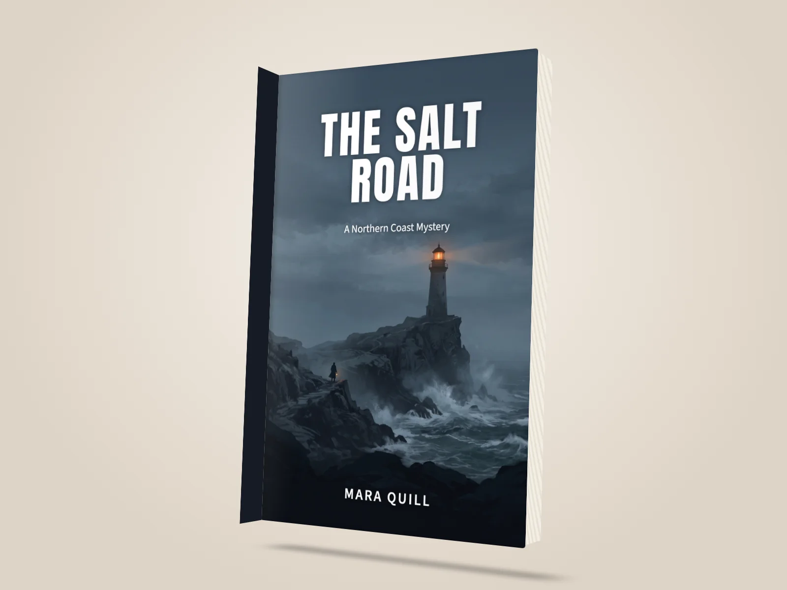 3D paperback mockup of The Salt Road by Mara Quill, a stormy northern coast with a lit lighthouse and a lone figure on the rocks