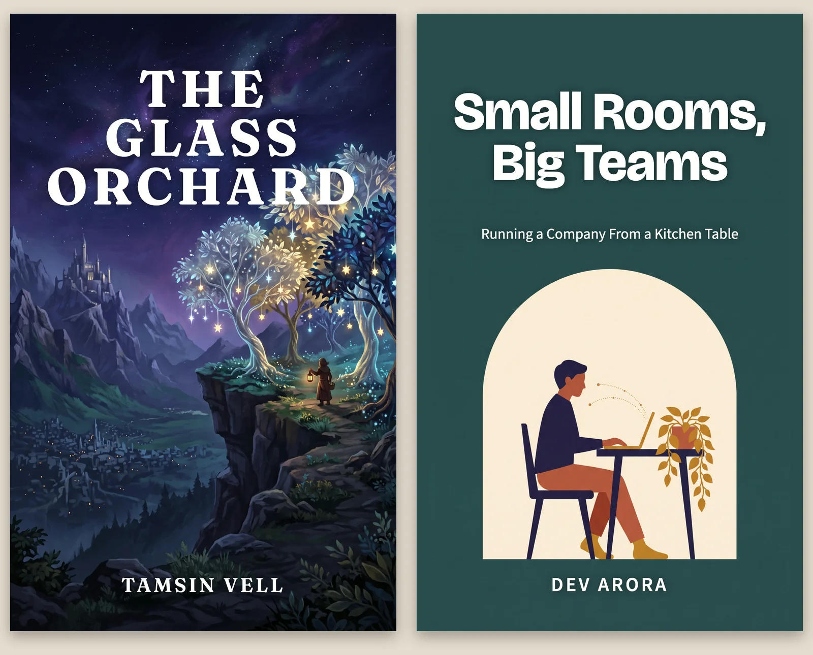 Two ebook covers side by side: The Glass Orchard by Tamsin Vell over a starlit orchard on a cliff, and Small Rooms, Big Teams by Dev Arora with a flat illustration of someone working at a small table