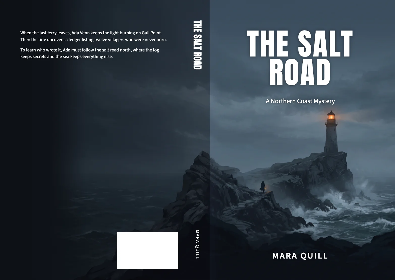Full paperback wrap for The Salt Road with back-cover blurb, barcode box, spine lettering and the front cover art extended across the back