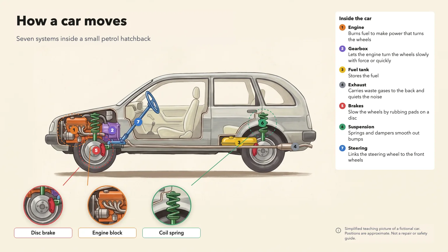 Painted cutaway of a fictional unbranded hatchback titled How a car moves, seven numbered systems from engine to steering with a key and three zoomed detail windows