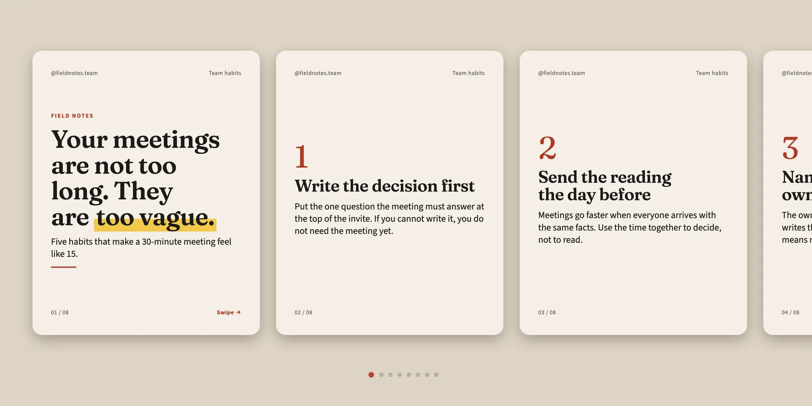 Carousel on calmer meetings in an editorial style: the hook slide Your meetings are not too long. They are too vague, followed by tips 1, 2 and 3