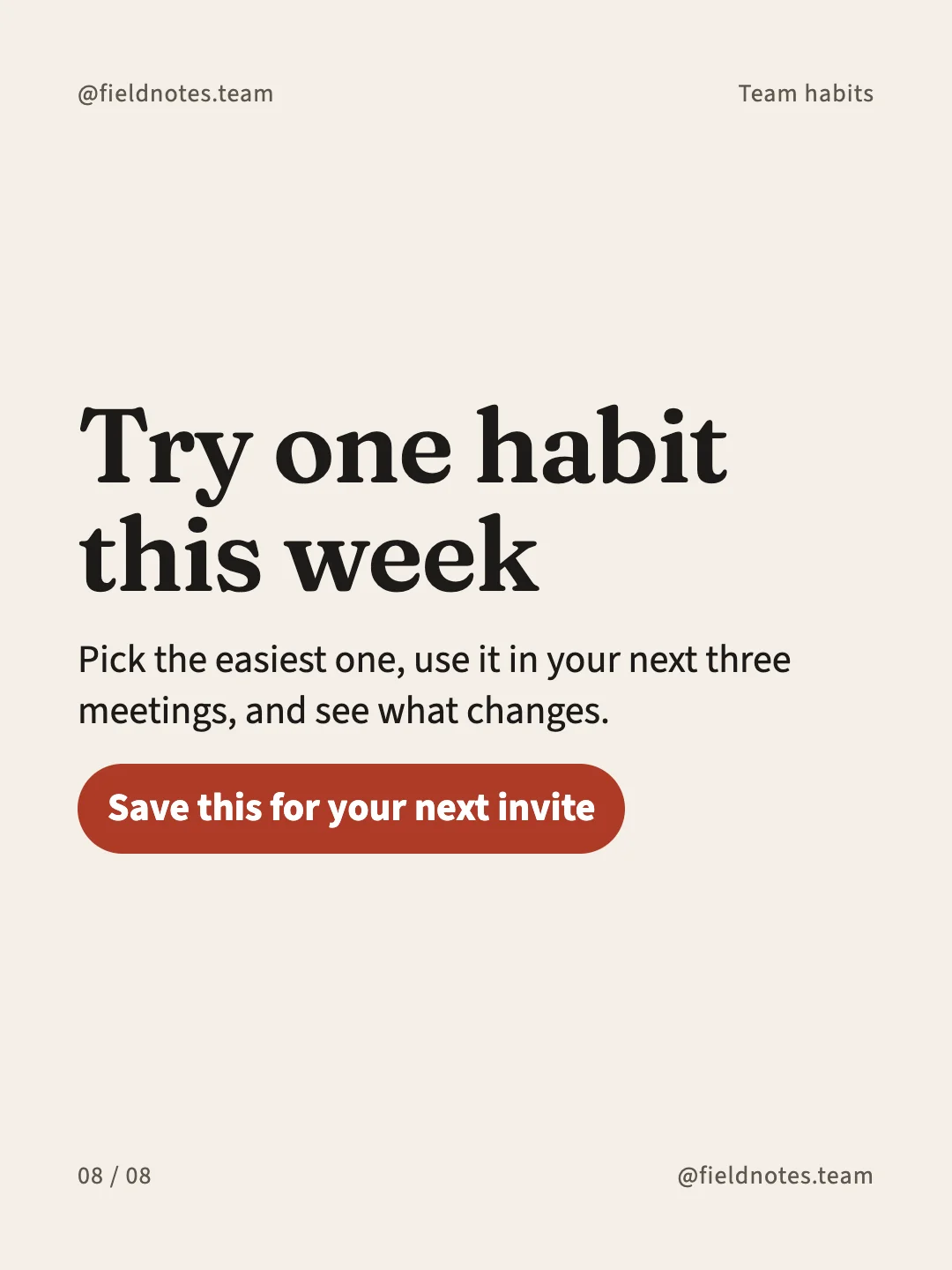 RedNote format closing slide: Try one habit this week, with a Save this for your next invite button