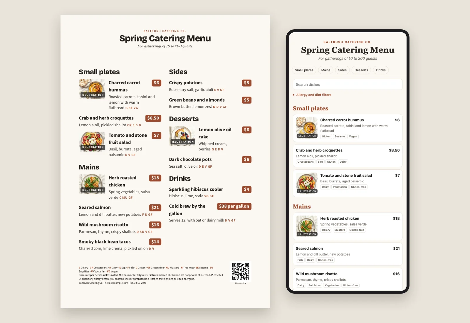 Spring Catering Menu on A4 with dish illustrations labeled Illustration, prices and allergen codes, beside the phone menu