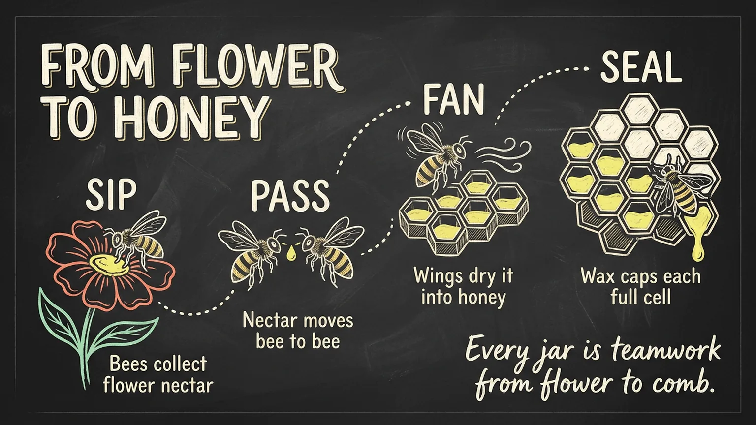 Chalkboard infographic titled From Flower to Honey, four chalk stages of bees sipping, passing, fanning and sealing honeycomb cells