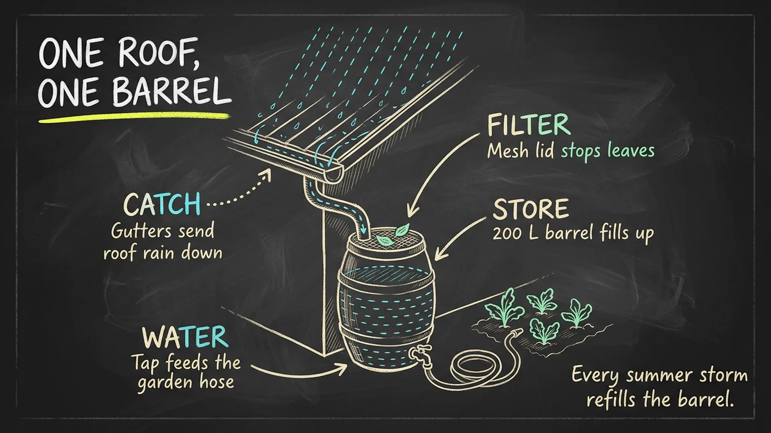 Chalkboard infographic titled One Roof, One Barrel, a house corner with a gutter feeding a rain barrel and a hose to garden beds