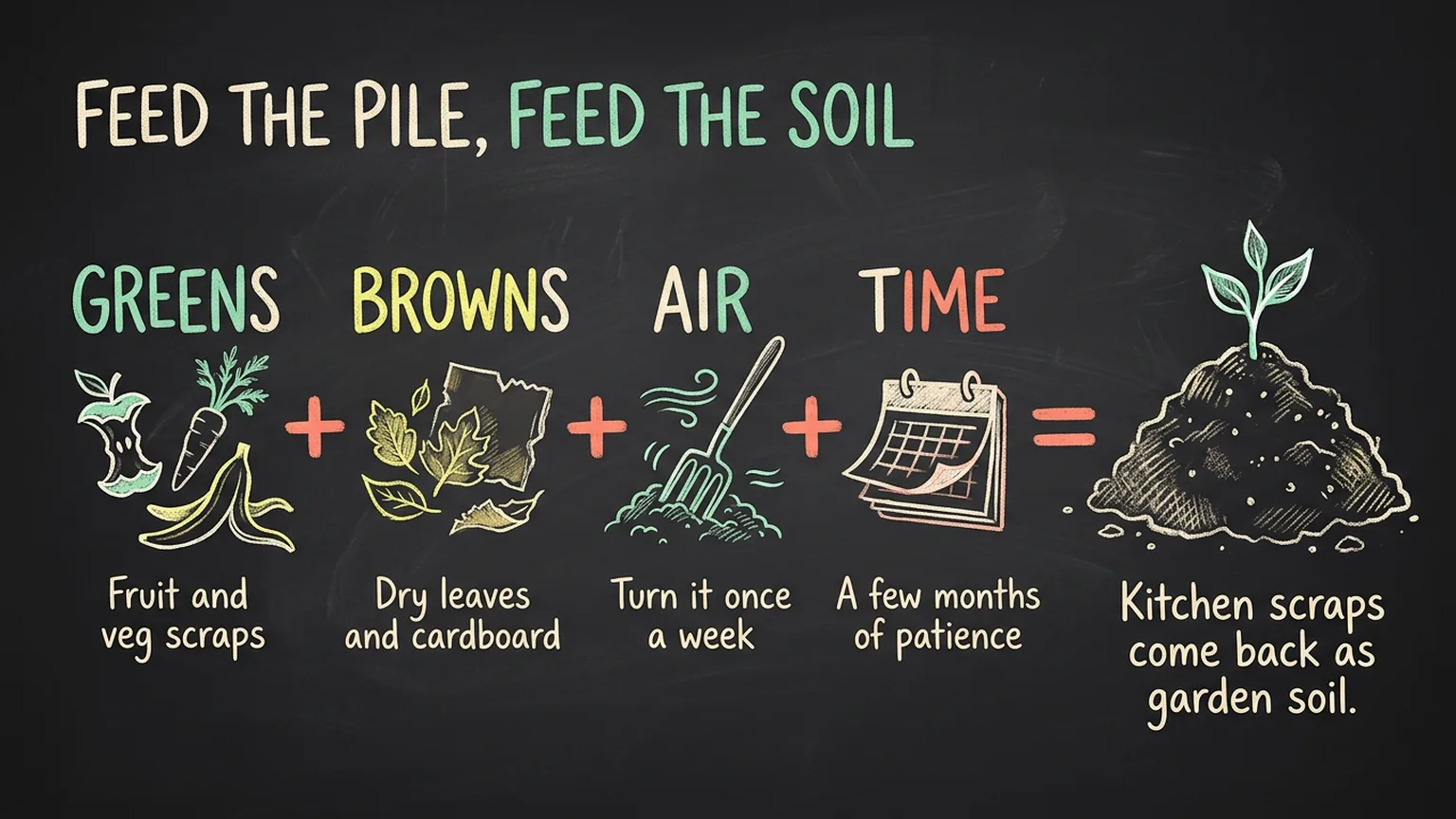 Chalkboard infographic titled Feed the Pile, Feed the Soil, an equation of greens, browns, air and time adding up to garden soil