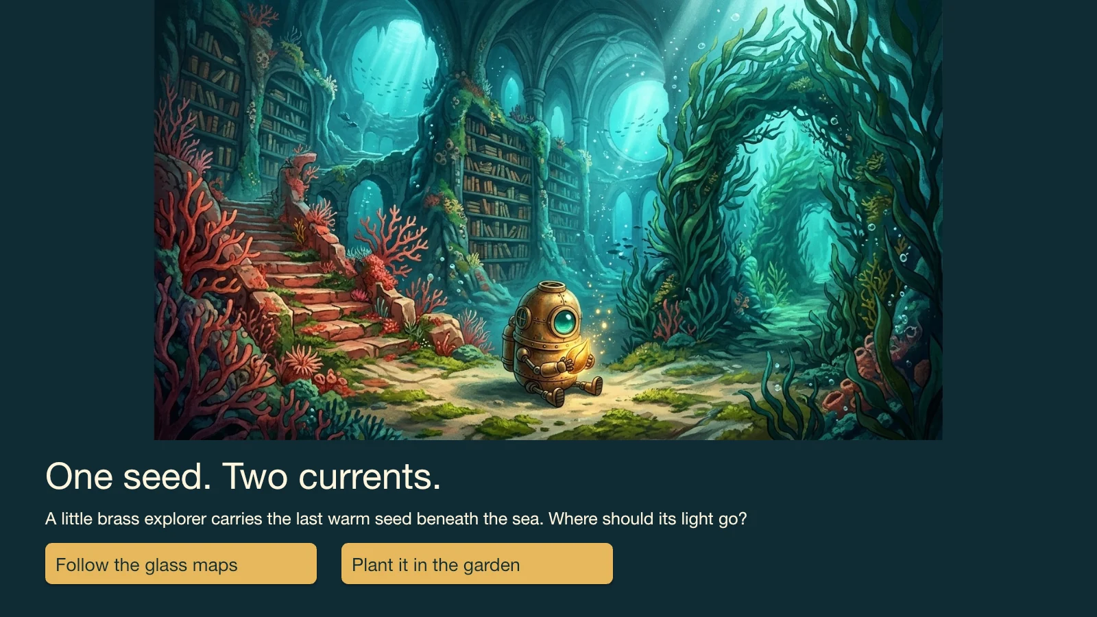 Opening slide of the branching underwater story, with a brass explorer and two route choices