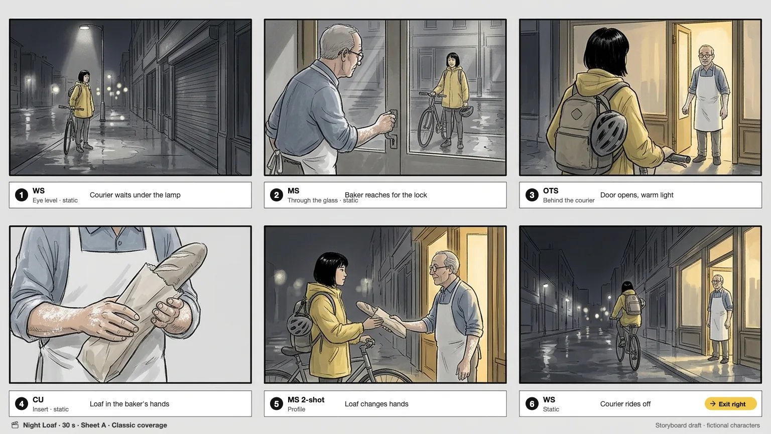 Storyboard contact sheet of six panels, a courier in a yellow rain jacket and a baker at a night bakery, labeled with shot codes for classic coverage