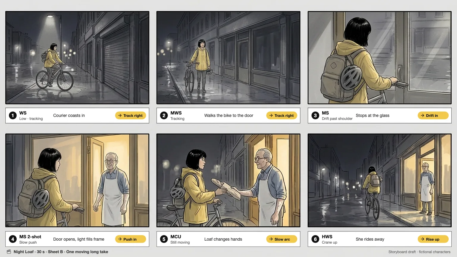 Second sheet of the same night scene planned as one moving long take, with tracking and crane moves marked in yellow tags