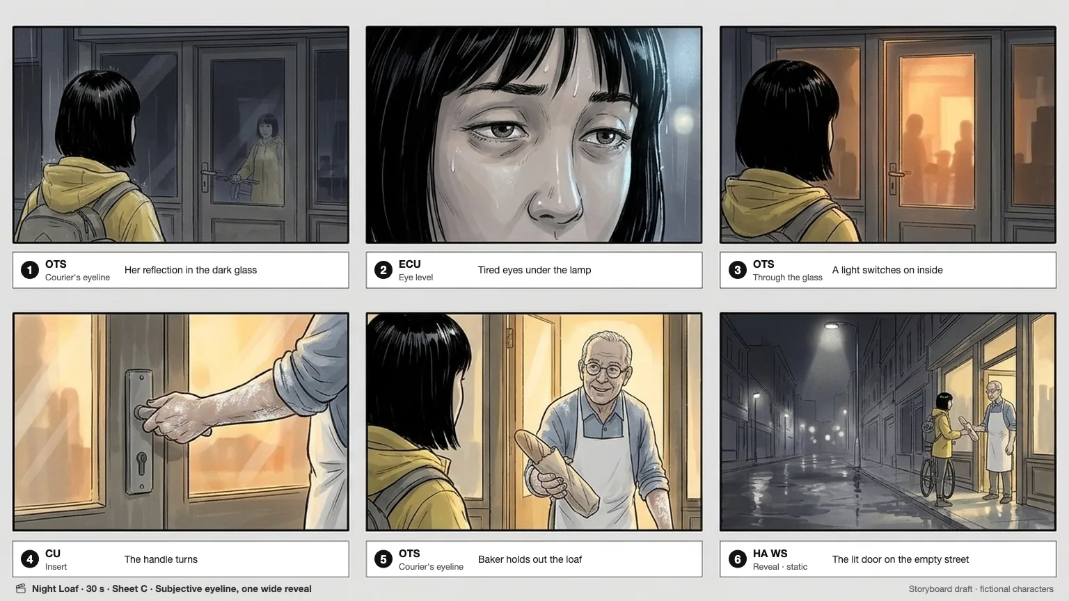 Third sheet of the scene from the courier's eyeline: her reflection, tired eyes, the turning handle and a high wide reveal