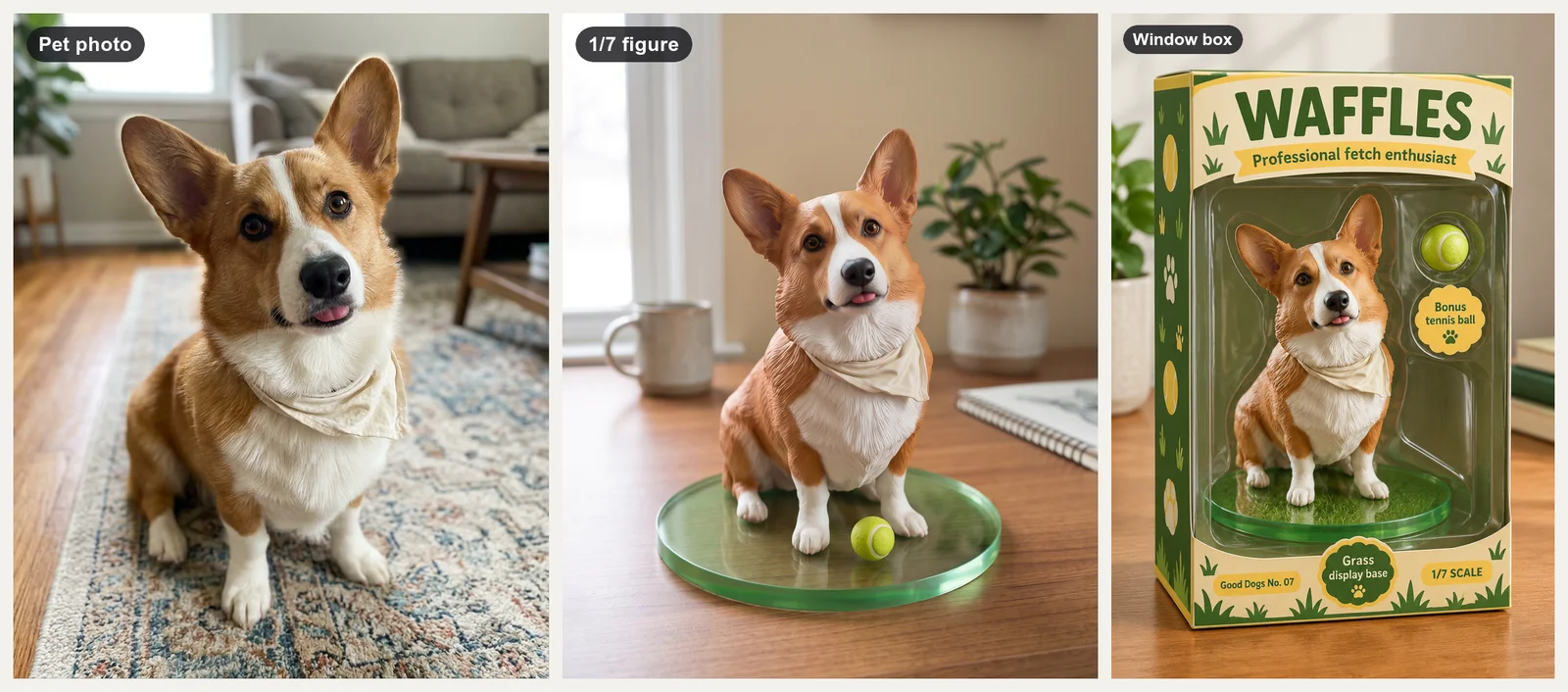 Phone photo of a fictional red-and-white corgi with a cream bandana, the same dog as a 1/7 scale vinyl figure on a clear green-rimmed base with a tennis ball, and a grass-green window box printed WAFFLES, Professional fetch enthusiast, Bonus tennis ball, Grass display base, Good Dogs No. 07, 1/7 SCALE