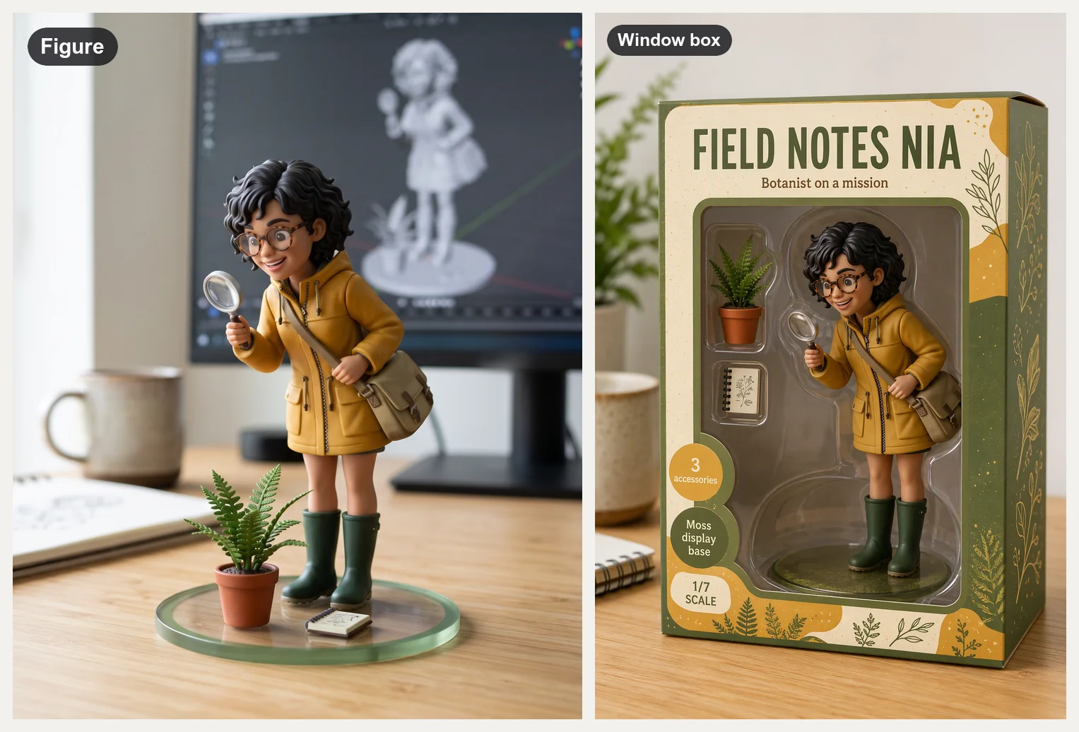 Figure of an original botanist character in a mustard rain jacket, tortoiseshell glasses and green boots holding a magnifying glass over a fern on a desk, beside her moss-green window box printed FIELD NOTES NIA with accessories in their own slots
