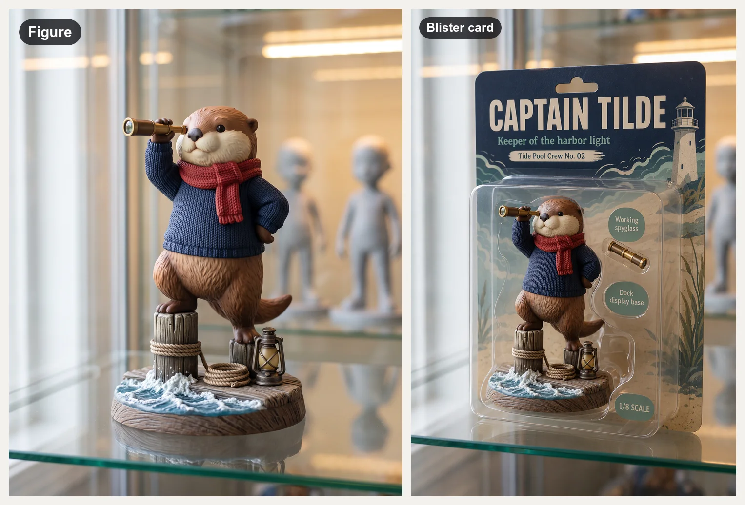 Figure of an original sea otter in a navy sweater and red scarf raising a brass spyglass on a dock-post base, beside its blister card printed CAPTAIN TILDE, Keeper of the harbor light, Tide Pool Crew No. 02
