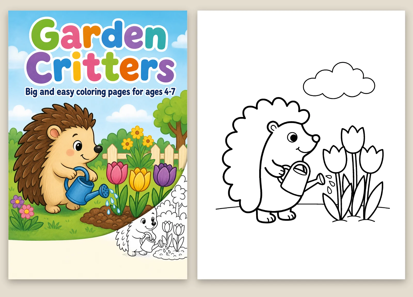 Coloring book cover reading Garden Critters, Big and easy coloring pages for ages 4-7, with a colored hedgehog watering tulips and an uncolored corner, next to the matching thick-line interior page