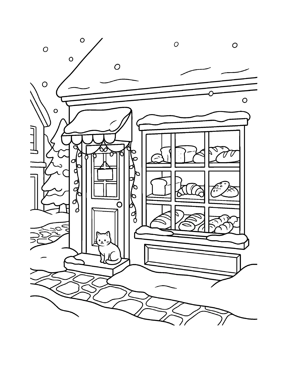 Cozy-level coloring page: a snowy village bakery with bread loaves in the window, string lights over the door and a cat on the doorstep, pure black lines on white